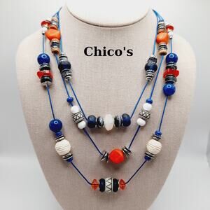 Chico’s Three Strand Beaded Necklace NWOT Blue Red White Multi Color Statement